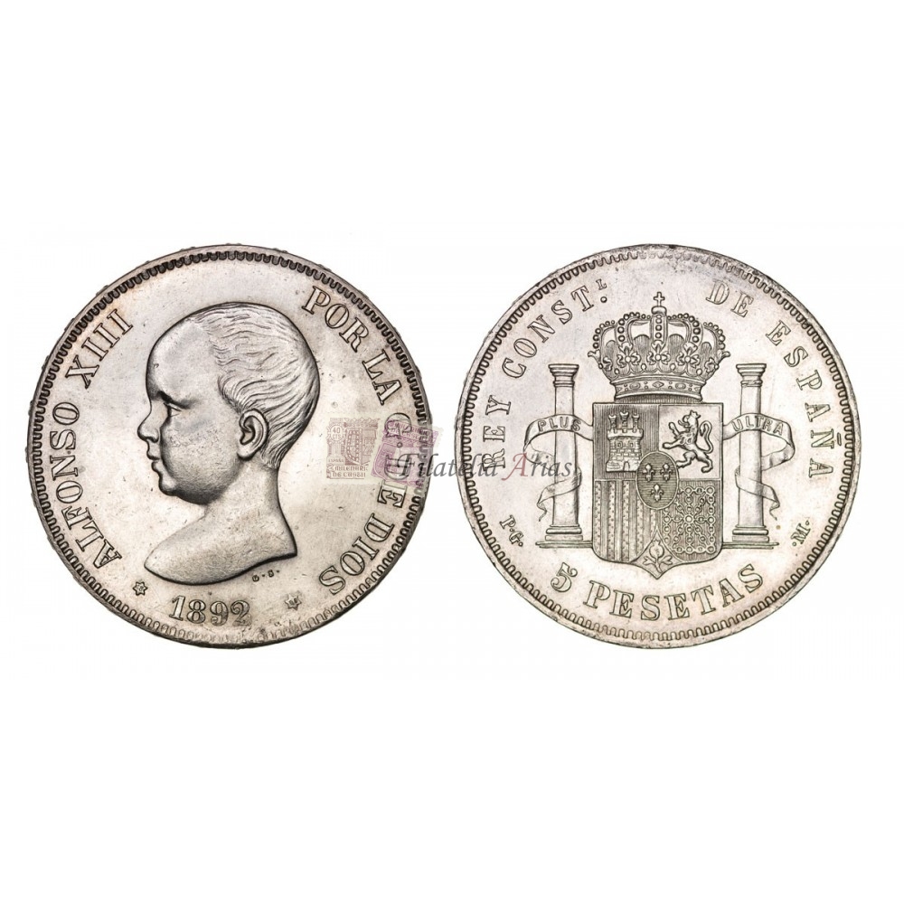 Alfonso XIII. 5 pesetas. 1892*92. Pelón.
