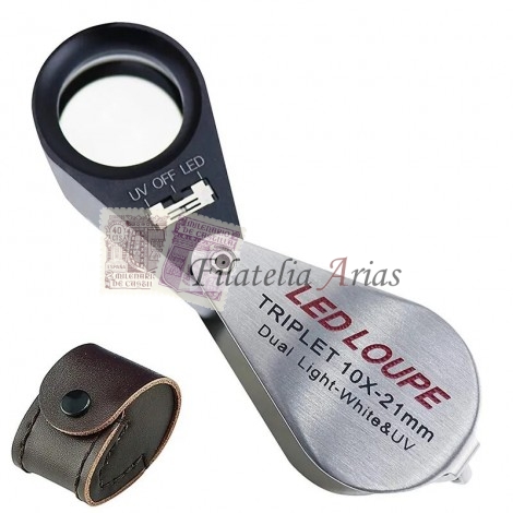 Lupa de joyería 10X - lente TRIPLET con 6 luces LED UV (21 mm).