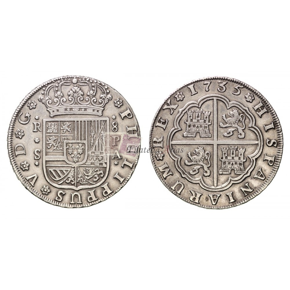 Felipe V. 8 reales. 1735. Sevilla. Ensayador: PA. EBC-