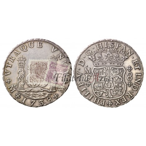 Felipe V. 8 reales. 1738. México. Ensayador: MF. EBC+