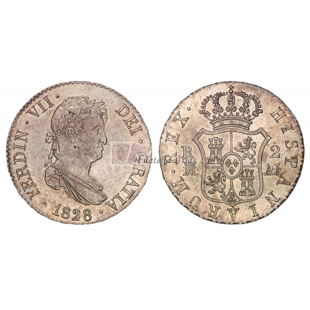 Fernando VII. 2 reales. 1828. Madrid. Ensayador: AJ. SC