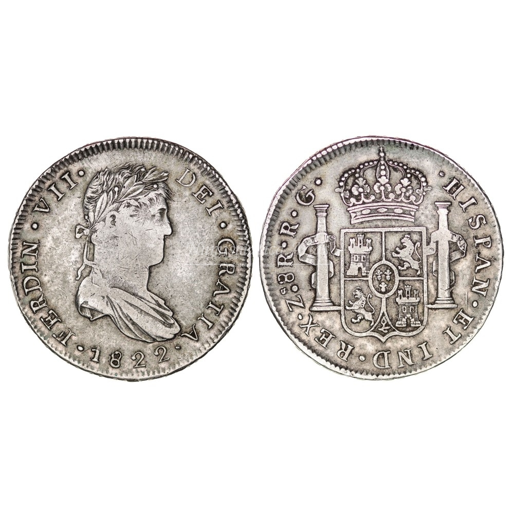 Fernando VII. 8 reales. 1822. Zacatecas. Ensayador: RG. MBC.