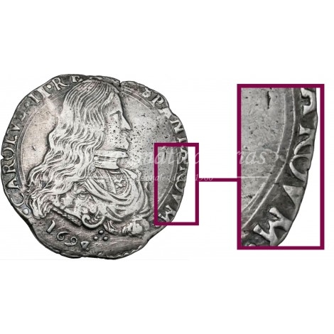 Carlos II. 1 Felipe. Milán. 1694. HISPANIAROVM. Detalle.