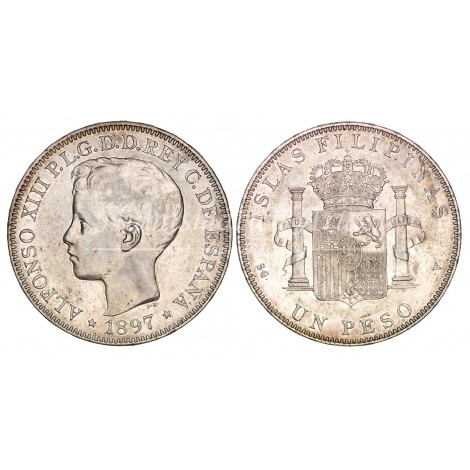 Alfonso XIII. 1 peso. 1897. Manila. Ensayador: SG V. EBC-.