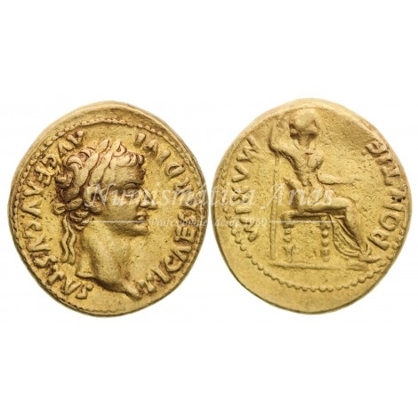 Tiberio. Aúreo (14-37 d.C.) Lugdunum (Lyon). Calicó 305c. MBC+