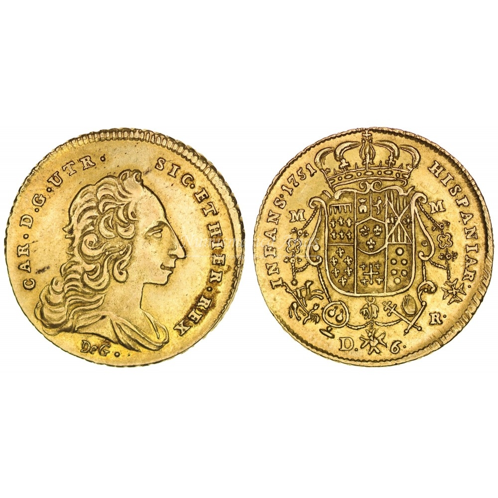 Carlos de Borbón. 6 ducados. 1751. Nápoles. Ensayador: R. EBC+