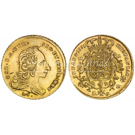 Carlos de Borbón. 6 ducados. 1751. Nápoles. Ensayador: R. EBC+