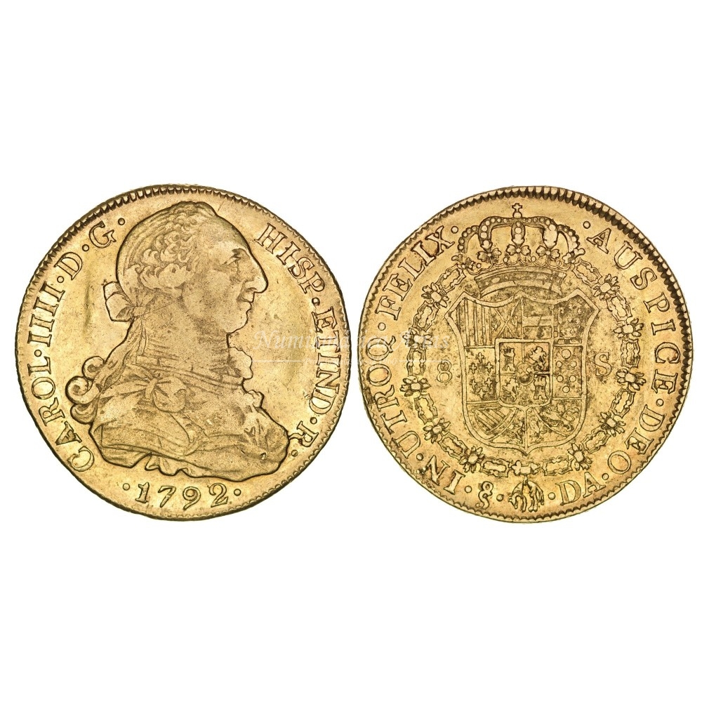 Carlos IV. 8 escudos. 1792. Santiago. Ensayador: DA. MBC+