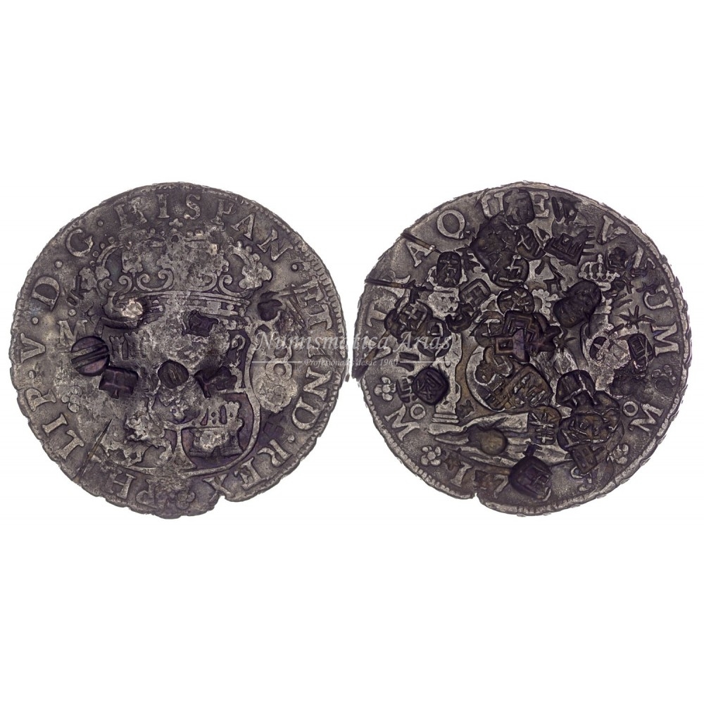 Felipe V. 8 reales. 1739. México. Ensayador: MF. BC+. Resellos orientales.