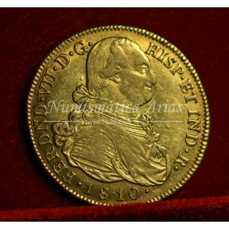 Fernando VII. 8 escudos. 1810. Popayán. Ensayador: JF. EBC-.