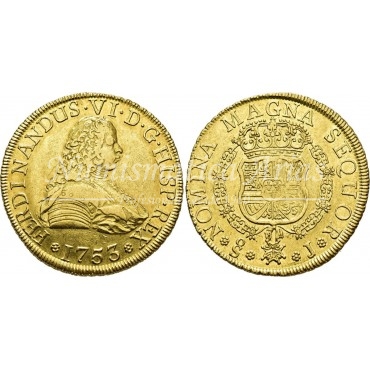 Fernando VI. 1753. 8 escudos. Santiago. Ensayador: J. MBC+.