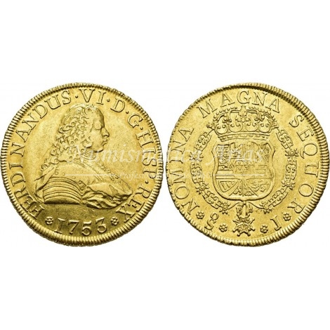 Fernando VI. 1753. 8 escudos. Santiago. Ensayador: J. MBC+.