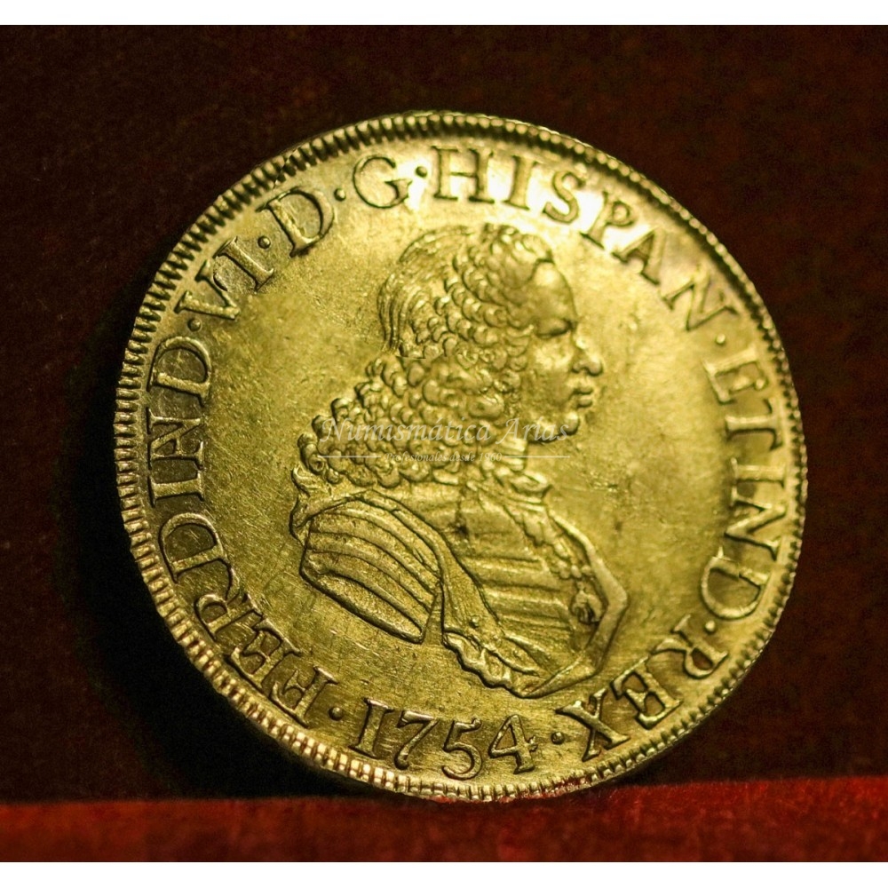 Fernando VI. 1754. 8 escudos. Lima. Ensayador: JD. EBC.