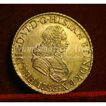 Fernando VI. 1756. 8 escudos. Lima. Ensayador: JM. EBC-.