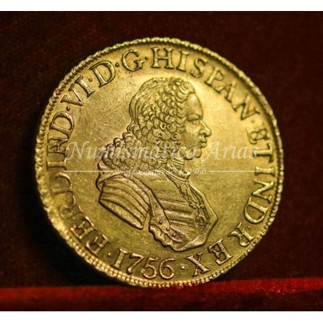 Fernando VI. 1756. 8 escudos. Lima. Ensayador: JM. EBC-.