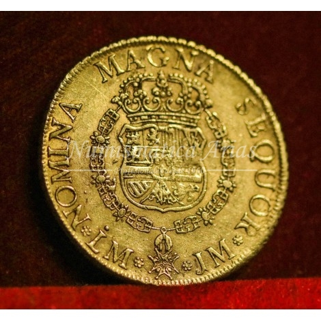 Fernando VI. 1756. 8 escudos. Lima. Ensayador: JM. EBC-.