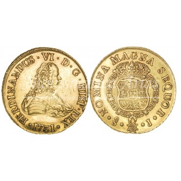 Fernando VI. 1751. 8 escudos. Santiago. Ensayador: J. EBC.