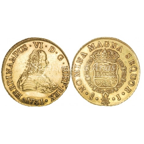 Fernando VI. 1751. 8 escudos. Santiago. Ensayador: J. EBC.