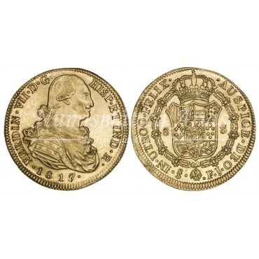 Fernando VII. 8 escudos. 1817/8. Santiago. Ensayador: FJ. EBC.