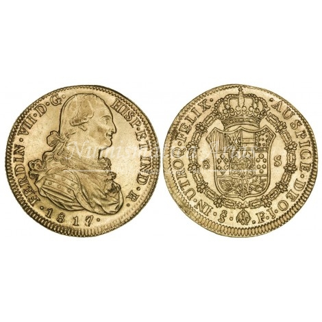 Fernando VII. 8 escudos. 1817/8. Santiago. Ensayador: FJ. EBC.