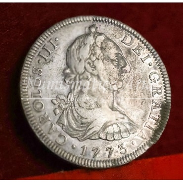 Carlos III. 8 reales. 1773. México. Ensayador: FM y ceca invertidos. MBC+