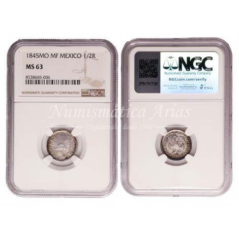 México. 1/2 real. 1845. Ensayador: MF. NGC MS63 (8538685-006).
