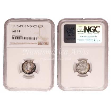 Fernando VII. 1/2 real. 1810. México. Ensayador: HJ. NGC MS62.