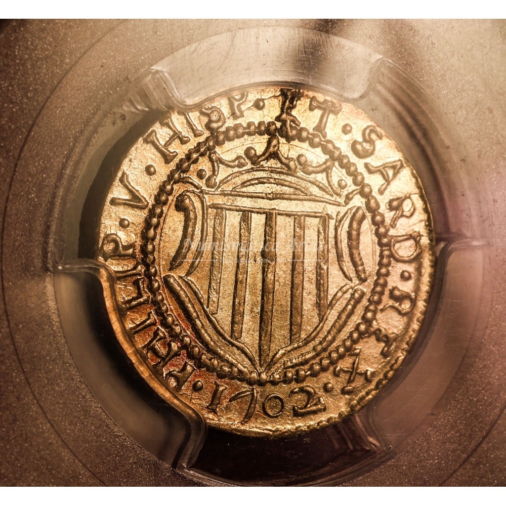 Felipe V. Escudo de oro. 1702. Cagliari. PCGS MS62.