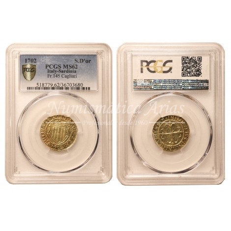 Felipe V. Escudo de oro. 1702. Cagliari. PCGS MS62.