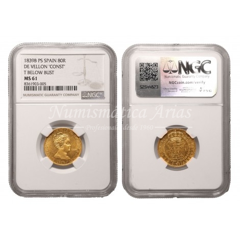 Isabel II. 80 reales. 1839. Barcelona. Ensayador: PS. NGC MS61.