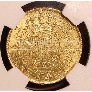 Isabel II. 80 reales. 1839. Barcelona. Ensayador: PS. NGC MS61.