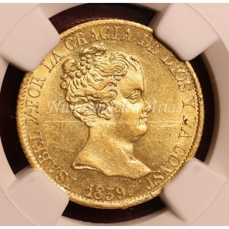 Isabel II. 80 reales. 1839. Barcelona. Ensayador: PS. NGC MS61.